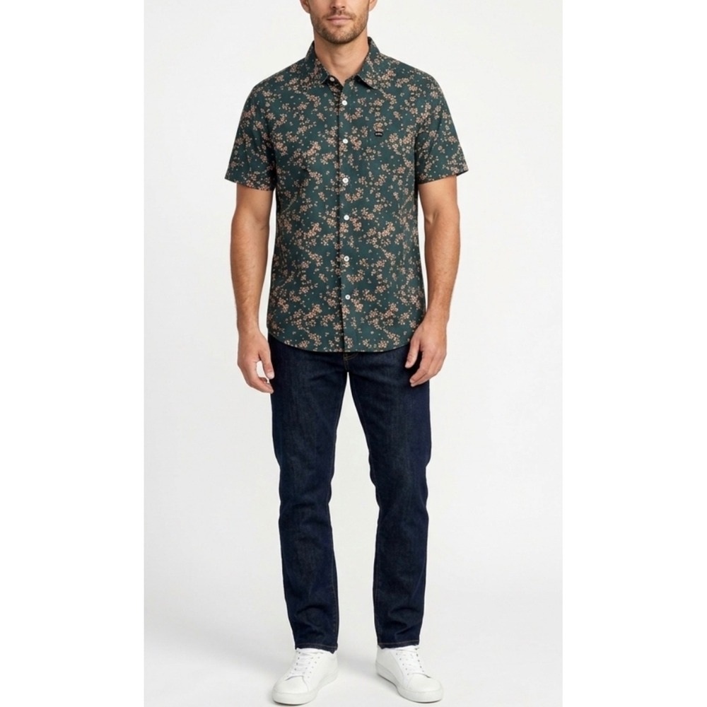 RVCA Mens Floral Short Sleeve Button Down Shirt Green Pink Large Regular Fit
